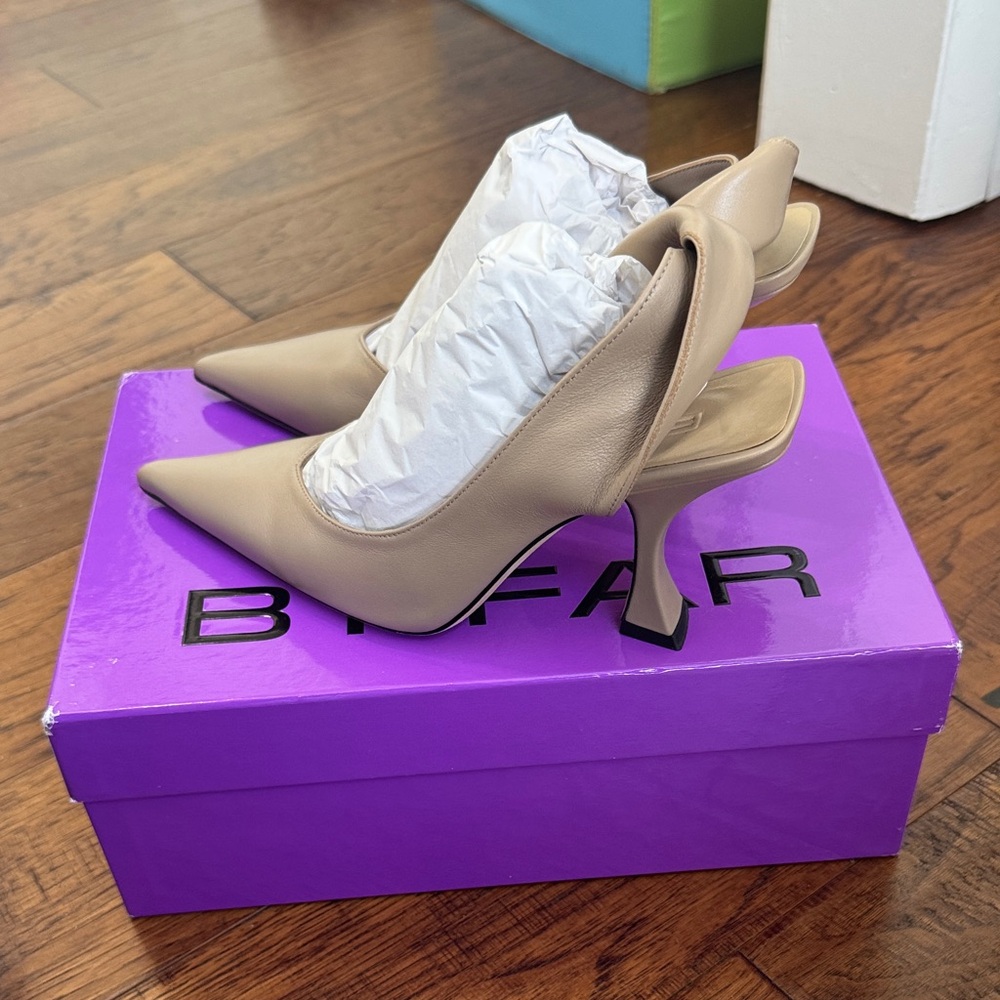 BY FAR Taupe Pointed Slingback Stiletto Heels
